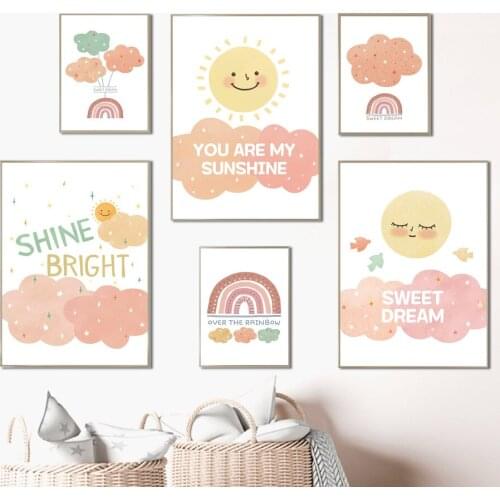 Cute Rainbow Sun Colorful Cloud Star Wall Art Canvas Painting Nordic Posters And Prints Wall Pictures Princess Kids Room Decor