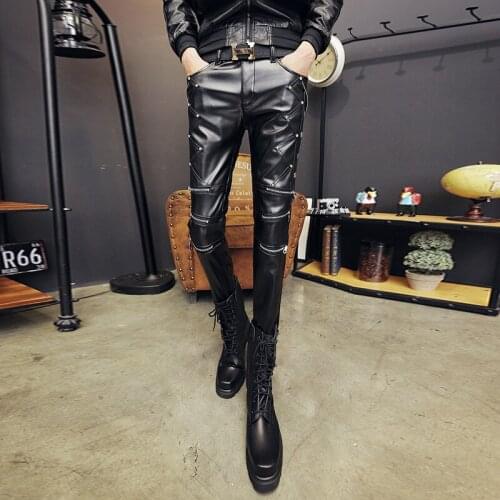 2021 men zipper decoration PU leather pants teenagers cultivate ones morality character feet add wool tight leather pants