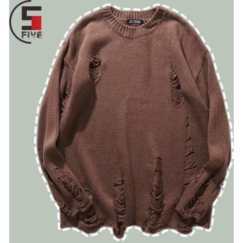 Hip Hop Wash Hole Ripped Knit Sweaters Men Harajuku Streetwear Casual Pullovers 2021 NEW Winter Fashion Oversized Unisex Sweater