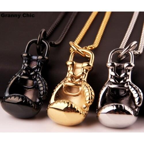 Granny Chic Brand New Mens Jewelry Silver/Gold/Black Stainless Steel Boxing Glove Pendant Box Necklace