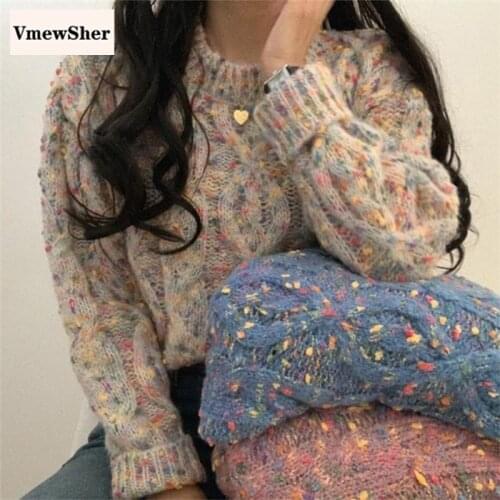 VmewSher New Fashion Colorful Women Sweater Winter Thick Warm Knitwear Casual Chic Pullover Print O-neck Jumper Pink Knit Top