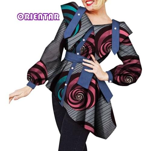 Autumn African Shirt Women African Tops Long Sleeve V-neck Dashiki Shirt with Belt Africa Wax Print Bazin Riche Clothes WY5360