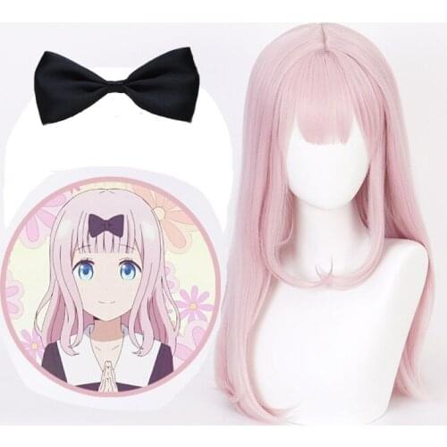 Fujiwara Chika wig 55cm pink long curls Anime Kaguya-sama:Love is War heat resistant hair cosplay wigs + Black Bowknot Hairpin