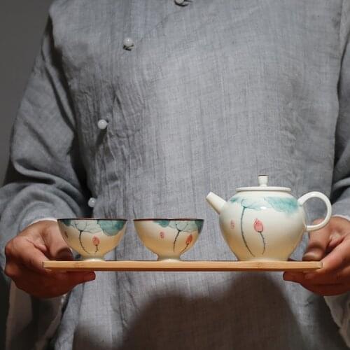 PINNY Ceramic Hand Painted Lotus Ceramic Tea Set 1 Pot 2 Cups 150ML Kung Fu Teapots Porcelain Teacups Pigmented Drinkware