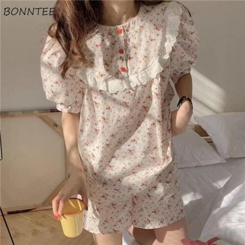 Pajama Sets Women Simple Prairie Chic Lovely Girls Short Sleeve Round Neck Lace Decoration Maiden Sleepwear Home Ladies Summer