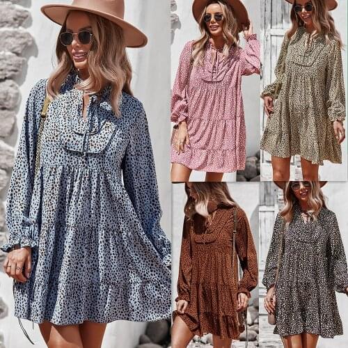 Women Robe Femme Spring Autumn Print A-Line Dresses Patchwork Ruffles Long Sleeve Loose Mini Dress For Woman Vestido De Mujer