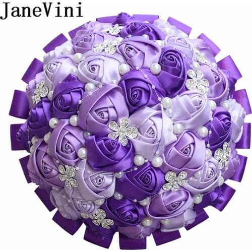 JaneVini 21cm Luxury Beaded Bridal Bouquets Satin Ribbon Pearls Crystals Bride Holding Flowers Purple Bridesmaid Wedding Bouquet