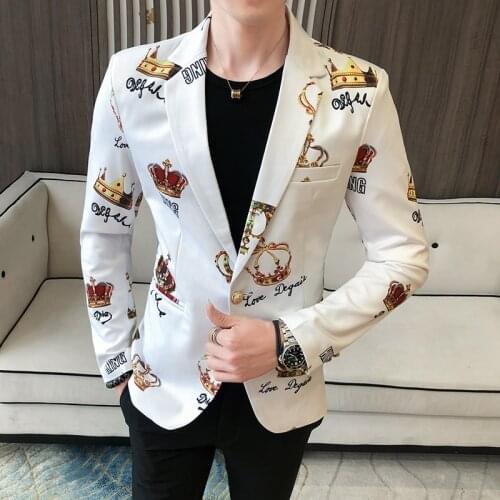 Crown Printing Mens Blazer Wedding Busines Clothing Mens Slim Tuxedo Spring Casual Mens Party Stage Formal Suit Dress Jacket