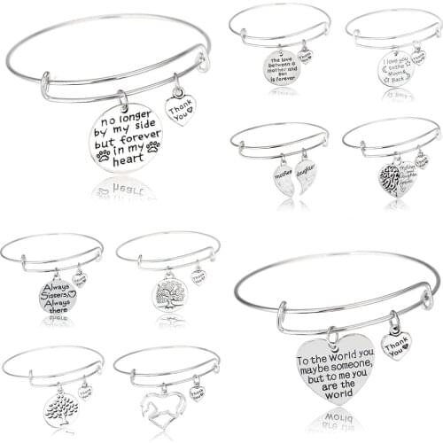 Heart Horse Mom Daughter Always Sister Sis Best Friends BFF Pendant Bangle Bracelet Silver Plated Family Women Jewelry