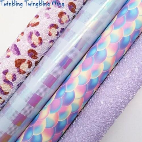 Purple Glitter Leather Mermaid Leopard Tartan Printed Glitter Fabric Synthetic Leather Fabric Bows 21x29CM Twinkling Ming KM506