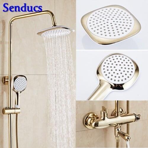 Senducs Fashion Gold Shower Set Quality Brass Bathroom Mixer Tap Rainfall Top Shower European Style Gold Bathroom Shower System