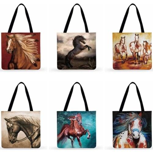 Modern Art Animal Printed Tote Bag Running Horse Women Casual Tote Ladies Shoulder Bag Women Beach Tote Foldable Shopping Bag