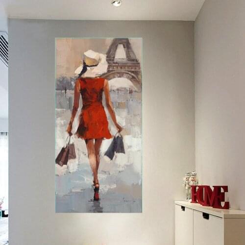 Modern Girl in Red Dress Fashion Portrait Artwork 3D Handmade Oil Painting for Porch Hallway Office Home Decor Drop Shipping