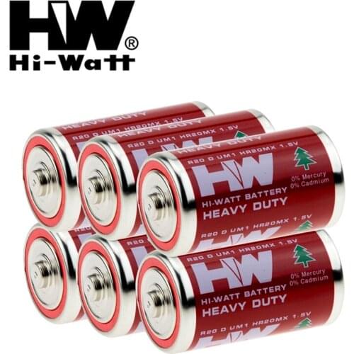6Pcs Hi-Watt R20P Heavy Duty D Size Batteries 1.5V 13F UM1 MN1300 E95 Carbon Zinc Battery Primary Dry Battery