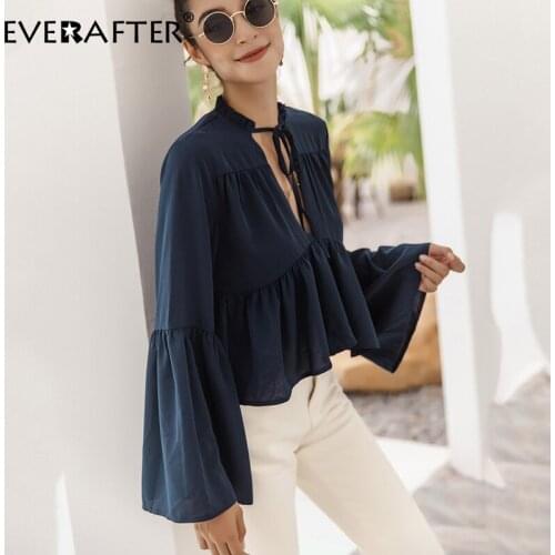 EVERAFTER Elegant solid work blouse women shirt V-neck flare sleeve ruffles Autumn blouse lace up loose fashion short blouses