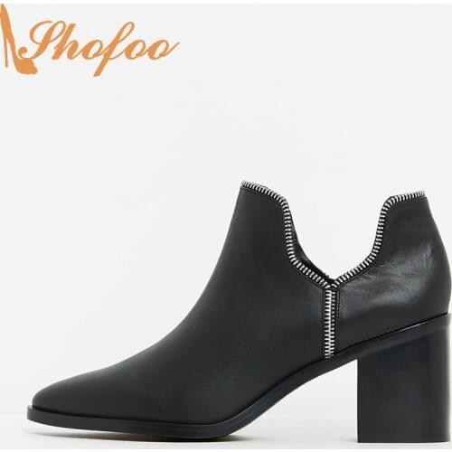 Black Pointed Toe Ankle Boots Woman High Square Heels Zip-tooth Trim Large Size 13 14 Ladies Winter Casual Booties Shoes 2021