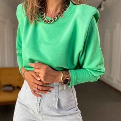 Leisure Shoulder Pad Sweatshirt Womens Green Long Sleeve Crew Neck Pullover High Street Fashion Sweatershirt 2021
