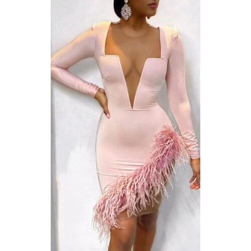 Women Winter Style Sexy Long Sleeve Feather Mesh Pink Bodycon Bandage Dress 2021 Elegant Evening Party Club Dress Vestidos