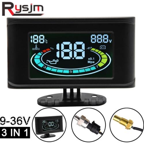 LCD 3 in 1 Gauge Oil Pressure Gauge + Voltmeter Voltage Gauge + Water Temperature Gauge Sensor 10mm npt 1/8 oil press meter 12v