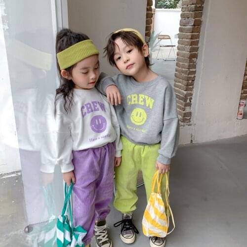 2021 Spring New Kids Clothing Set Boys And Girls Letter Printed Sweater Corduroy Carrot Pants 2 Pcs