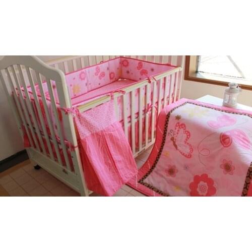 Promotion! 5PCS embroidery bed set Cot set for girls&boy crib bedding set,include(bumper+duvet+bed cover+bed skirt+diaper bag)