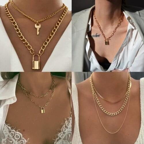 17KM Trendy Key Lock Pendant Necklace For Women Men Punk Big Chunky Chain Multilayed Lock Pendant Necklaces Jewelry Party
