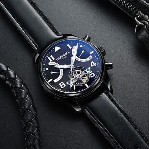 Carnival 2017 Series Relogio Masculino Black Steel Band Automatic Mechanical Male Watches Luxury Tourbillon Skeleton Men Watch