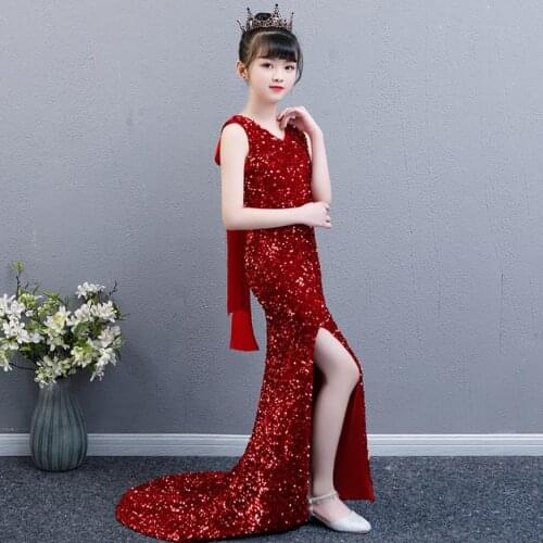 Girls Sequined Mermaid Dress Childrens Sleeveless Princess Gown Wedding Birthday Party Dress For Girls Vestidos Costume L605
