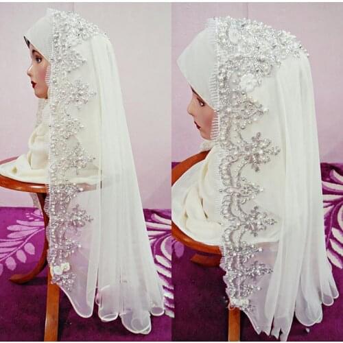 Fabulous Arabic Muslim Bridal Veils Beaded Appliqued Lace Hijab Dubai Saudi Arab Wedding Veil Women Special Occasion Accessories
