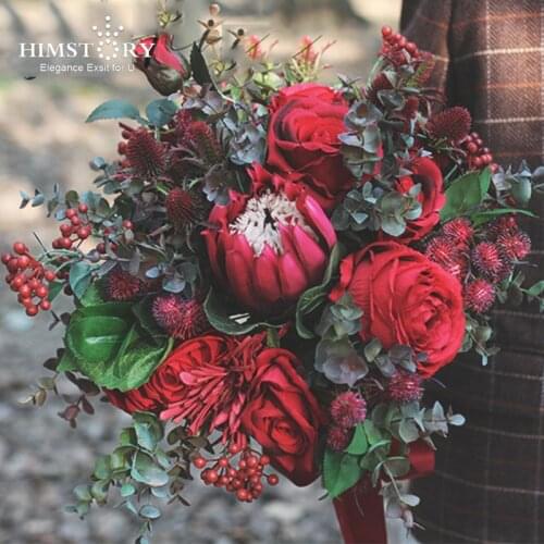HIMSTORY Vintage Red Flower Wedding Bouquet Green Leaf Silk Flower Bridal Bouquet Artificial Bridesmaids Bouquets