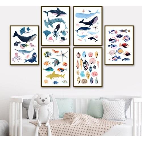 Cartoon Marine Life Shark Whale Conch Wall Art Canvas Painting Nordic Posters And Prints Wall Pictures For Baby Kids Room Decor