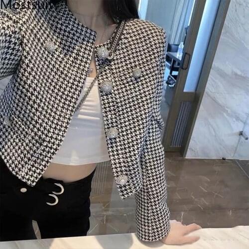 Houndstooth Knitted Short Coat Jacket Women Full Sleeve O-neck Single Breasted Tops Korean Vintage Elegant Ladies Coat 2021
