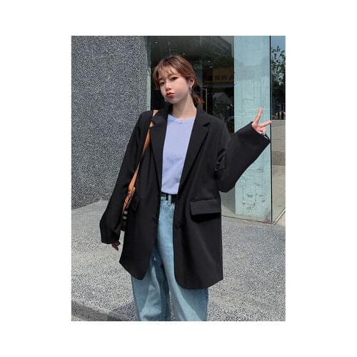 New Autumn Winter Chic Loose Women Black Blazer Single Button Female Suit Jacket Full Sleeve Outwear Blaser Femme 2021