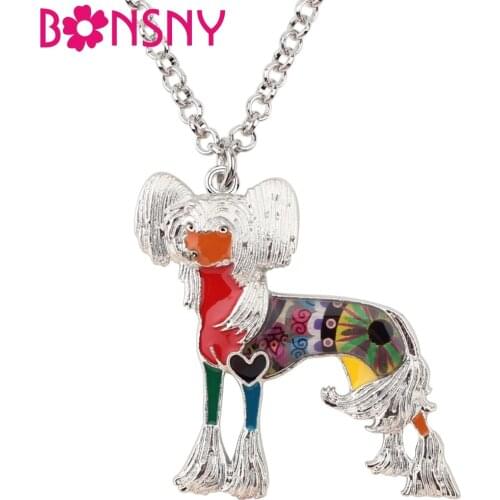 Bonsny Enamel Alloy Chinese Crested Dog Necklace Chain Choker Pendant Fashion Jewelry For Women Girl Ladies Accessories Bulk Pet