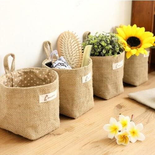 Hanging Storage Basket Burlap Cotton Boxes Sundries Baskets Mini Desktop Ornament Bag Mini Portable Home Wall Hanging Decoration