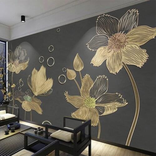 Custom Photo Wallpaper European Style Flowers Golden Embossed Lines Mural Living Room Bedroom Light Luxury Background Wall Paper