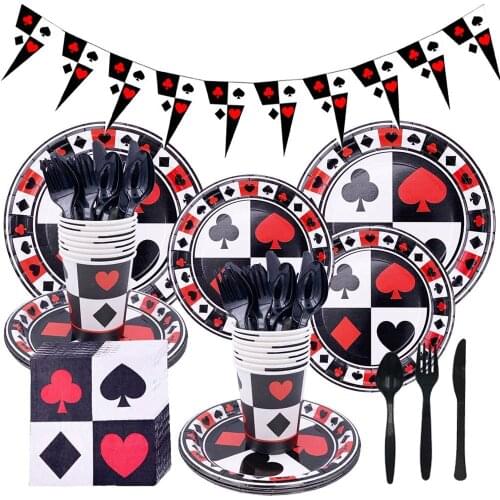 Party Supplies Poker Bridge Birthday Tableware Kit Las Vegas Decor Pack Banner Plates Cups Napkins Knives Forks Dinnerware Set