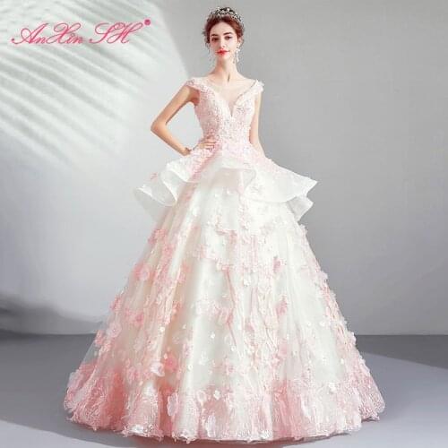 AXJFU luxury o neck pink lace wedding dress Cherry Blossom beading flower ruffles Princess Bride pink Wedding Dress 5166