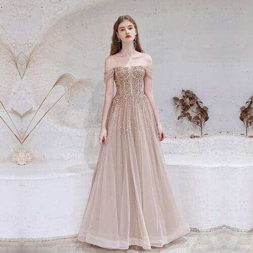 Beaded Evening Dresses 2021 Nude Pink Burgundy Sexy Off Shoulder Plunging Beading Sequined Sleeveless Formal Gown