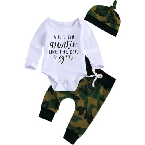 Spring Summer Infant Baby Boy Clothing Letter Print Short/Long Sleeve Romper Top+Camouflage Harem Pants+Hat 3pcs Outfits