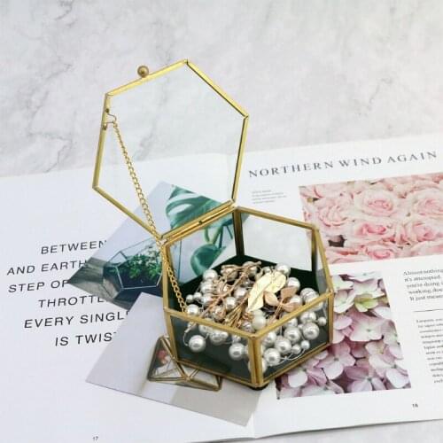 Vintage Minimalist Jewelry Box Golden Metal Frame Clear Glass with Lids Hinge Chains Decorative Storage Box Display Case for Ke