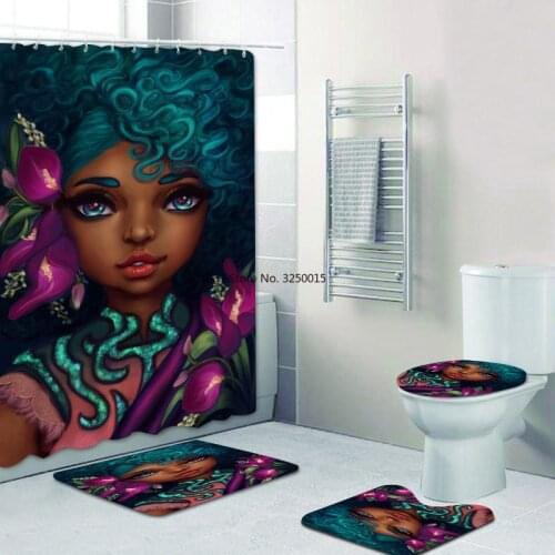 Cute Afro Girls Princess Black African American Shower Curtain Set for Bathroom Bath Curtains Bathroom Mat Rug Carpet Decor
