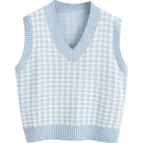 Womens clothing 2021 Fashion Kawaii Houndstooth Loose Knitted Vest Sweater VNeck Sleeveless Side Vents traf officiel store Tops