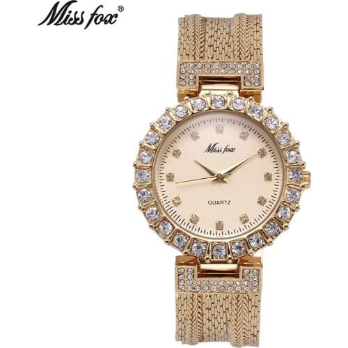 MissFox Brand Diamond quartz Women Watches Fashion Gold Water Steel Mesh ladies Bracelet watch Relogio Feminino Montre Femme