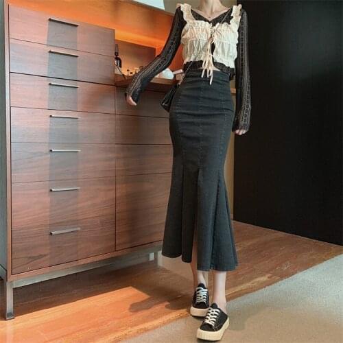Women High Waist Split Mermaid Gray Skirts Mid-length Vintage Slim Bag Hip Denim Skirt Lady Indie Casual Mujer Faldas Fashion