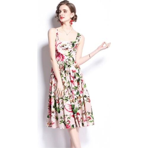 Women Camellia Flower Print Blackless Cascading Pleased Beach Midi Dresses 2021 Runway Summer Sexy Spaghetti Strap Floral Dress