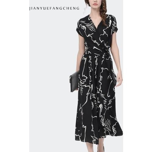 Long Dress Women Summer Short Sleeve V-Neck Irregular Curves Printed Black Slim Waist A-Line Casual Office Ladies Maxi Dresses