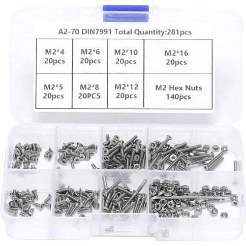 281Pcs Hex Socket Screw Nuts M2 Stainless Steel Full Thread Screws Bolt Assortment Kit, Cap Head / Sink Head / Flat Head
