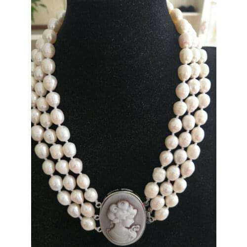 3 Rows 9-10mm Natural White Baroque South Sea Pearl Necklace 17-18-19"