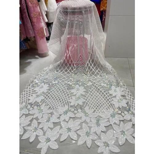 5yards/pc) Very beautiful embroidered African sequins net lace white French lace fabric 2021 newest for party dress FSS402